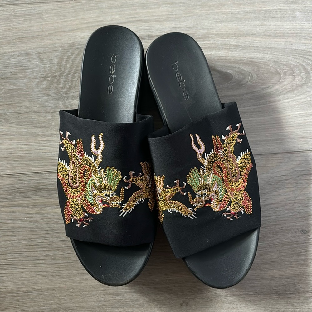 Bebe embroidered dragon platform sandals